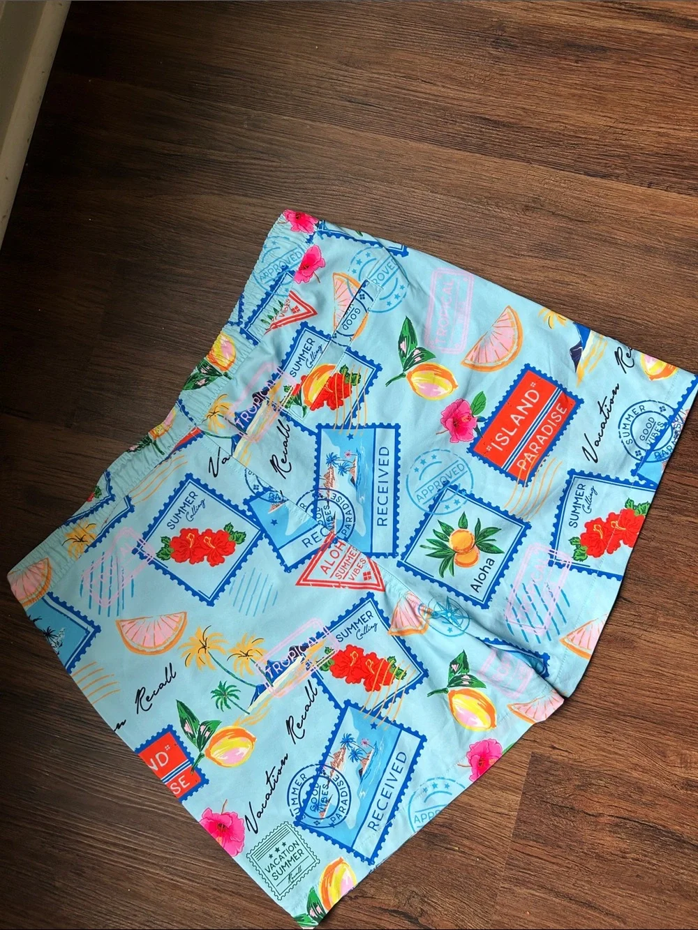 Malibu by Drill Clothing Co. swim trunks w/ all-over vacation postcard print, XL